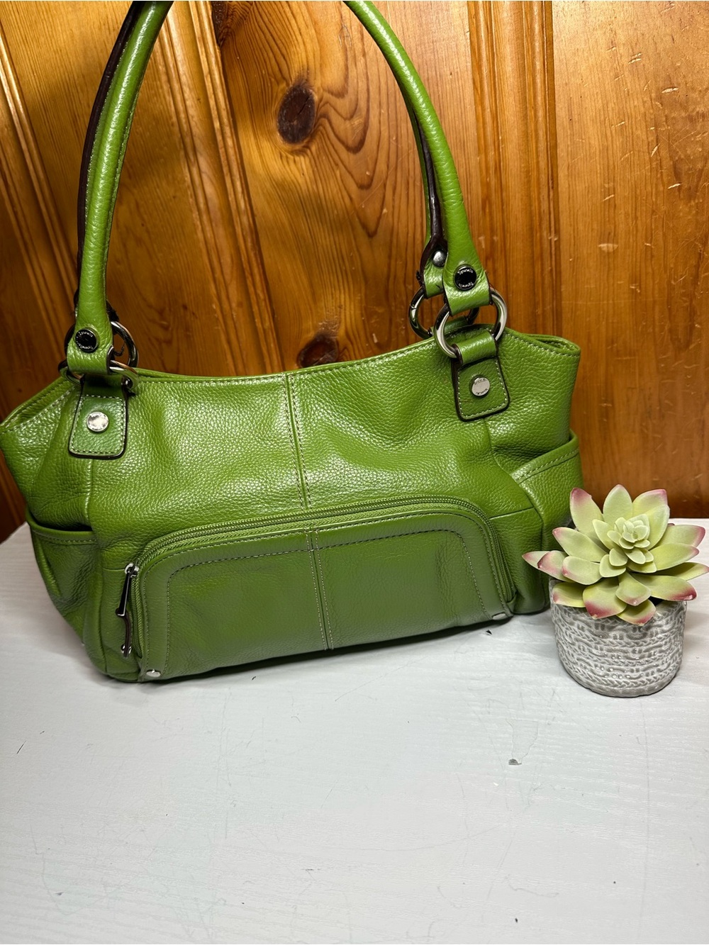 Tignanello Lime Green Leather Shoulder Bag